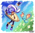  artist_logo blush_stickers clenched_hand closed_eyes colored_skin elfilin gelatinousrabbit highres kirby_(series) kirby_and_the_forgotten_land kirby_and_the_world_beyond logo multicolored_hair mysterious_girl_(kirby_and_the_world_beyond) notched_ear open_mouth ponytail purple_hair purple_skin rayman_limbs two-tone_hair white_hair 