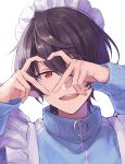  1boy black_hair ensemble_stars! fingernails four-finger_heart_hands hand_up hands_up heart heart_hands jersey_maid long_sleeves looking_at_viewer maid maid_headdress male_focus one_eye_covered open_mouth red_eyes sakuma_ritsu short_hair simple_background smile solo teeth unconventional_maid upper_teeth_only white_background yoi_anst zipper_pull_tab 