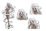  absurdly_long_hair black_sclera blush breasts character_sheet collarbone concept_art crossed_arms dark_skin doppel_(monster_musume) doppelganger expressions full_body grin hair_censor highres long_hair monster_musume_no_iru_nichijou multiple_views navel nude official_art prehensile_hair shiny shiny_skin simple_background small_breasts smile very_long_hair white_background white_hair yellow_eyes 