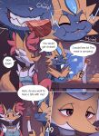 2026 agious anthro beef blush bodily_fluids bread breasts canid canine clothed clothing cloud comic delphox dialogue digital_drawing_(artwork) digital_media_(artwork) duo english_text fangs feast felid feline female female_anthro food furniture generation_6_pokemon generation_7_pokemon headgear hi_res knife legendary_pokemon mammal meat melee_weapon nintendo pastry plant pokemon pokemon_(species) polearm saliva shaded shaded_background sky steak table teeth text vegetable veyneria_(agious) wall_(structure) weapon zeraora