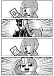  1girl 4koma astrologian_(final_fantasy) bkub bkub_duck card comic commentary dragoon_(final_fantasy) fictional_persona final_fantasy final_fantasy_xiv gameplay_mechanics greyscale lalafell monochrome silent_comic 