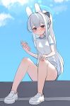  1girl absurdres animal_ears bare_legs blue_archive blue_buruma blue_halo blue_sky blush bow braid breasts buruma cellphone closed_mouth cloud commentary day fake_animal_ears full_body gym_shirt gym_uniform hair_between_eyes hair_bow halo hand_on_own_knee highres holding holding_phone legs long_hair looking_at_viewer miyako_(blue_archive) outdoors phone ponytail purple_eyes rabbit_ears shirt shoes short_sleeves sidelocks sitting sky small_breasts smartphone smile sneakers solo thighs tisofofo very_long_hair white_hair white_shirt 