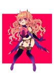  1girl bondage_outfit border cafe_artful commentary_request corset freckles full_body garter_straps hayasaka_mebawe highres holding holding_behind_back holding_riding_crop long_hair looking_at_viewer open_mouth panties pink_ribbon purple_eyes purple_thighhighs rance_(series) ribbon riding_crop round_eyewear solo thighhighs twitter_username underwear white_border 