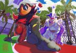 3_toes absurd_res anthro avian ball balls bandage bandaged_leg barefoot basketball basketball_(ball) basketball_shorts big_balls big_penis blaziken bodily_fluids bottomwear building butt claws clothed clothing cloud dripping duo erection erection_under_clothing feet foot_focus foreskin generation_3_pokemon generation_8_pokemon genital_fluids genitals hair hi_res humanoid_genitalia humanoid_penis jewelry leaning leaning_forward legwear long_hair looking_at_viewer looking_down low-angle_view male male/male mammal necklace nintendo open_mouth outside palm_tree penile penis plant pokemon pokemon_(species) precum precum_drip purple_body red_body shorts stirrup_legwear stovenfang sweat tail talons toes tongue torn_bottomwear torn_clothing torn_shorts toxtricity tree vein veiny_penis worm's-eye_view wrinkled_feet wrinkles