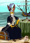 2021 anthro beach black_clothing black_dress blue_eyes blue_sky boat clothing cloud colored container cup dated day decanter_(object) dress drinking_glass female fur glass glass_container glass_cup globe gun hair hi_res horizon lagomorph leporid mammal pirate rabbit ranged_weapon sand sea sky smile solo telescope text treasure_chest url vehicle water watercraft weapon white_body white_fur whitecolt_productions wine_glass yellow_body yellow_fur