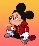 anthro balls big_penis blush bodily_fluids disney erection genitals glans gloveghost gradient_background hi_res humanoid_genitalia humanoid_penis kneeling looking_pleasured male mammal masturbation mickey_mouse mouse murid murine nude penis rodent simple_background sitting solo spread_legs spreading sweat