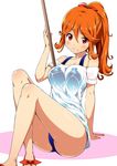  arm_support blush breasts highres looking_at_viewer medium_breasts nectar_(fujiya) orange_hair ponytail red_eyes shirt sitting smile solo swimsuit swimsuit_under_clothes tokyo_7th_sisters usuta_sumire wet wet_clothes wet_shirt 