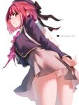  1girl arima_kana arm_behind_back artist_name beret blue_hat blue_jacket bow bowtie closed_mouth commentary_request completion_time cowboy_shot gold_trim grey_skirt hat highres jacket long_sleeves looking_at_viewer oshi_no_ko panties pantyshot pink_bow pink_bowtie red_eyes red_hair riro_(breakthrough_rr) school_uniform short_hair simple_background skirt solo sweat twitter_x_logo underwear white_background white_panties youtou_high_school_uniform 