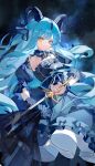  1girl absurdres arknights bang_dream! bang_dream!_it's_mygo!!!!! black_dress black_gloves black_horns black_ribbon black_wrist_cuffs blue_hair chinese_commentary closed_mouth commentary_request cowboy_shot curled_horns detached_collar dress frilled_dress frills gloves hair_ribbon highres holding holding_own_dress holding_sword holding_weapon horn_ornament horn_ring horns long_hair looking_at_viewer ribbon shang_bu shooting_star sidelocks sky smile solo standing star_(sky) starry_sky sword togawa_sakiko togawa_sakiko_(master_of_melodia) two_side_up weapon wrist_cuffs yellow_eyes 