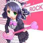  animal_ears bell black_hair blush bow cat_ears curly_hair cyan_(show_by_rock!!) faubynet gothic_lolita green_eyes guitar hairband highres instrument lolita_fashion lolita_hairband looking_at_viewer open_mouth short_hair show_by_rock!! smile solo 