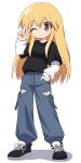  1girl ;) black_shirt blonde_hair blue_pants blush brown_eyes casual closed_mouth clothing_cutout contemporary denim full_body hair_between_eyes hand_in_pocket hand_up highres hip_vent jeans layered_sleeves long_hair long_sleeves looking_at_viewer one_eye_closed original osaragi_mitama pants shadow shirt shoes short_over_long_sleeves short_sleeves sidelocks simple_background smile sneakers solo standing t-shirt thigh_cutout v v_over_eye very_long_hair white_background 