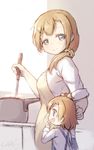  :d apron blue_eyes brown_hair child cooking housewife if_they_mated kousaka_honoka langbazi love_live! love_live!_school_idol_project mother_and_daughter motherly multiple_girls older open_mouth pot pregnant scrunchie short_hair smile 