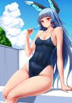  bad_proportions bangs blue_hair blunt_bangs blush breasts competition_school_swimsuit covered_navel food hair_ribbon headgear highleg highleg_swimsuit ishimiso_(ishimura) kantai_collection long_hair looking_at_viewer medium_breasts murakumo_(kantai_collection) one-piece_swimsuit orange_eyes pool popsicle ribbon short_eyebrows solo swimsuit tress_ribbon 