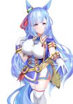  1girl absurdres animal_ears blue_corset blue_hair blue_jacket blue_necktie blush boots braid breasts cela_f commentary_request corset cowboy_shot criss-cross_strings cropped_jacket crown_braid ear_covers ear_ornament ear_ribbon fold-over_boots glorious_azure_costume_(umamusume) gloves hair_ornament highres horse_ears horse_girl horse_tail jacket large_breasts long_hair looking_at_viewer mejiro_ardan_(umamusume) necktie official_alternate_costume pinwheel pinwheel_hair_ornament purple_eyes shirt short_necktie short_sleeves simple_background smile solo tail thighhighs thighhighs_under_boots umamusume white_background white_boots white_gloves white_shirt white_thighhighs 