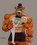 2026 abs ambiguous_gender anon anthro barbell_piercing bear biceps big_muscles big_pecs black_bottomwear black_bow_tie black_clothing black_top_hat blue_body blue_eyes blue_fur bodily_fluids bottomwear bow_tie bracelet clothing colored confusion digital_drawing_(artwork) digital_media_(artwork) drooling duo electronics eyebrows five_nights_at_freddy's five_nights_at_freddy's:_security_breach fur glamrock_freddy grey_background hand_on_back happy hat headgear headwear hi_res holding_microphone holding_object huge_muscles huge_pecs humanoid jewelry lewdpepo looking_down male male/ambiguous mammal microphone mostly_nude multicolored_body multicolored_fur muscular muscular_male nipple_barbell nipple_piercing nipples orange_body orange_fur pec_grab pecs piercing raised_eyebrow saliva scottgames shaded simple_background size_difference spiked_bracelet spikes standing_on_stool steel_wool_studios tan_body tan_fur top_hat