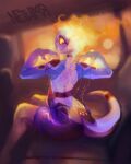 absurd_res anthro biscuit_(netuma) blue_body bottomwear car clothing female fire flaming_hair gold_accessory hi_res impressed inside_car inside_vehicle living_tail looking_back markings multicolored_body netuma open_mouth pseudo_hair rear_view reptile scalie sitting size_difference skirt smaller_female snake snake_tail solo tail unusual_anatomy unusual_tail vehicle white_body yellow_eyes