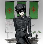  1boy aiguillette alternate_universe artist_name banner boots breast_pocket choni_chen collared_shirt crossed_legs degrees_of_lewdity eye_symbol feet_out_of_frame gloves green_eyes grey_gloves grey_pants grey_shirt hair_over_one_eye hand_on_own_knee hand_on_table hat highres holding holding_pointer indoors knee_boots kylar_(degrees_of_lewdity) kylar_(male)_(degrees_of_lewdity) long_sleeves looking_at_viewer male_focus map military_dress_uniform military_uniform mini_flag pants peaked_cap pocket pointer red_pupils shirt short_hair shoulder_pads sitting sitting_on_table sketch smile solo sweatdrop v-shaped_eyes 