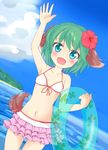  absurdres animal_ears arm_up bare_arms bare_shoulders bikini bikini_top blue_sky blush chinoru cloud collarbone day dutch_angle fang floral_print flower green_eyes green_hair hair_flower hair_ornament hibiscus highres innertube kasodani_kyouko midriff miniskirt navel ocean open_mouth short_hair skirt sky smile solo swimsuit tail touhou water 