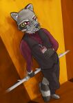 anthro black_ears blood blood_in_mouth bodily_fluids bound clothing cuff_(restraint) drinking drinking_blood footwear fur grey_body grey_clothing grey_footwear grey_fur grey_shoes handcuffs hi_res male mammal markings metal_cuffs muzzle_(object) procyonid raccoon red_eyes restraints shoes solo standing striped_markings striped_tail stripes suit tail tail_markings topwear vampire vest wasder wasder26 wasder_resterski whiskers