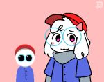 ambiguous_gender anthro blue_clothing blue_eyewear blue_glasses blue_jacket blue_topwear blush bovid caprine clothing darkner deltarune duo endacopia eyebrows eyewear floppy_ears front_view glasses goat grey_clothing grey_scarf head_tuft horn humanoid jacket looking_at_viewer mammal mellow_(endacopia) pink_background pink_eyes pink_horn ralsei red_cap round_head scarf simple_background simple_eyes simple_mouth size_difference smile topwear trans_(lore) tuft undertale_(series) vertexxx watermark white_body white_ears