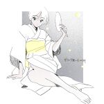  1girl arm_support bare_legs barefoot full_body hand_fan highres holding holding_fan japanese_clothes kimono looking_at_viewer mashmash213 monochrome obi original paper_fan sash short_hair sitting solo spot_color uchiwa yukata 