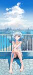  1girl absurdres against_railing bare_shoulders barefoot bitten_popsicle blonde_hair blue_eyes blue_hair blue_shorts blush boat braid cloud cloudy_sky cobblestone commentary crossed_wrists denim denim_shorts english_commentary floating_hair food full_body gradient_hair hairband hand_on_own_knee highres holding holding_food holding_popsicle jelly_hoshiumi long_hair looking_up multicolored_hair ocean phase_connect popsicle railing raised_inner_eyebrows rope second-party_source shorts sitting sky solo star_(symbol) star_hairband star_in_eye symbol_in_eye tank_top twin_braids twitter_username virtual_youtuber watercraft wharf white_tank_top yellow_hairband zakimpo 