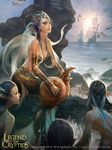  bare_shoulders bird black_hair blue_hair breasts cleavage company_name copyright_name crowgod grey_eyes head_fins headpiece highres legend_of_the_cryptids medium_breasts mermaid monster_girl multicolored_hair multiple_girls nautilus_(animal) ocean pointy_ears scales seagull ship smoke sunlight tail watercraft white_hair 