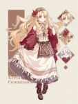  1girl absurdres blonde_hair character_name closed_mouth commentary dress earrings english_text ereshkigal_(fate) fate/grand_order fate_(series) fou_(fate) highres jewelry kafuuchino_(chouti) long_hair midriff one_eye_closed smile white_dress 