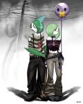  1boy 1girl absurdres arms_at_sides artist_name bag balloon bare_shoulders belt black_pants black_shoes blue_hair bob_cut breasts buckle choker closed_eyes clothed_pokemon collarbone colored_skin commentary drifloon eyelashes frilled_choker frills gallade gardevoir goth_fashion gradient_background green_hair grey_background grey_pants grey_shirt hair_over_one_eye heart heart-shaped_buckle highres holding holding_bag holding_balloon long_sleeves looking_at_viewer makeup medium_breasts medium_hair midriff mohawk multicolored_hair murkrow navel objectification off-shoulder_shirt off_shoulder one_eye_covered open_mouth pants partial_humanization pearboy-ooh pokemon pokemon_(creature) power_lines projected_inset purple_shirt red_eyes shirt shirt_tucked_in shoes short_hair sideways_mouth signature striped_clothes striped_shirt suspenders torn_clothes torn_shirt torn_sleeves two-tone_hair u_u untranslatable_commentary utility_pole white_skin 