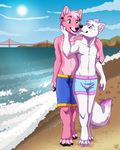  beach bridge canine clothed clothing digitigrade ear_piercing etuix eye_contact fur half-dressed heterochromia licking male male/male mammal outside piercing pink_fur seaside tongue tongue_out topless water white_fur wolf 