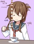  balancing brown_hair closed_eyes coffee cup dated folded_ponytail gurande_(g-size) highres inazuma_(kantai_collection) kantai_collection long_hair school_uniform serafuku solo spoon stack sugar_cube teacup translated 