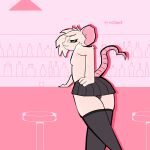 1:1 absurd_res anthro bar bottomwear bulge bulge_from_behind clothing femboy hi_res male mammal murid murine rat reggie_(whygena) rodent shirtless skirt smug solo tail v3nison