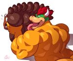 2021 5_fingers 5_toes anthro back_muscles big_feet black_eyebrows bobthetanuki bodily_fluids bowser brown_face brown_feet brown_nails brown_toenails brown_toes butt colored_nails digital_drawing_(artwork) digital_media_(artwork) eyebrows fangs feet fingers foot_fetish foot_lick goomba green_face hair hi_res horn huge_feet humanoid_feet humanoid_hands hyper hyper_feet koopa licking male male/male mario_bros muscular muscular_anthro muscular_arms muscular_male nails nintendo open_mouth pink_tongue plantigrade red_eyebrows red_hair reptile saliva saliva_on_foot saliva_on_tongue saliva_string scalie shadow sharp_teeth signature simple_background teeth thick_arms thick_eyebrows toenails toes tongue waddling_head white_background white_horn yellow_arms yellow_back yellow_body yellow_butt yellow_fingers yellow_hands