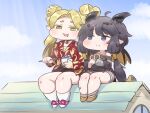  bandaged_foot bandaged_leg bandaged_tail bandages black_eyes black_hair black_tunic blonde_hair blue_gem blush_stickers chest_sarashi chibi chibi_only choker closed_mouth commentary_request dragon_ears dragon_girl dragon_horns dragon_tail dragon_wings drooling earrings fewer_digits food gem gold_horns highres holding holding_spoon horns jewelry kidian_(trickcal) long_hair mo23 mole mole_under_eye multiple_girls on_roof open_mouth pira_(trickcal) pointy_ears pretzel sarashi shirt sitting_on_roof smile spoon tail torn_wings trickcal tunic twintails two-tone_wings wings yellow_eyes 