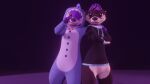 16:9 3d_(artwork) ambiguous_gender anthro awtter blender_(artwork) blender_eevee_(artwork) blep brown_body brown_fur clothed clothing collar crossed_arms digital_media_(artwork) dr.funkle duo ear_piercing eyewear fur gesture glasses hair hand_gesture hi_res hoodie leaning_on_another onesie pantsless pawpads photo_shoot piercing purple_body purple_fur purple_hair shark_onesie theo_(dr.funkle) tongue tongue_out topwear v_sign widescreen