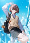  1girl :3 antenna_hair asu_(sinsekai) backpack bag balloon black_bag black_skirt bow bow_earrings brown_hair brown_sweater_vest charm_(object) collared_shirt earrings ekao flipped_hair flower glass green_eyes hair_ornament hairclip high_tops highres jewelry kamitsubaki_studio kneehighs light_smile long_sleeves looking_at_viewer love_letter multicolored_hair nail_polish official_alternate_costume official_art orange_nails pleated_skirt ribbon ring risu_(sinsekai_studio) school_uniform shirt shoes sidelocks sinsekai_record skirt sneakers socks standing standing_on_one_leg streaked_hair sunflower sweater_vest v-neck white-framed_eyewear white_hair white_ribbon white_shirt white_shoes white_socks white_streaks wing_collar x_hair_ornament 