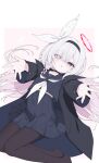  1girl absurdres black_choker black_coat black_eyes black_hairband black_pantyhose black_sailor_collar black_serafuku black_skirt blue_archive border braid choker cinamon_(cinamori) coat colored_inner_hair commentary eyes_visible_through_hair hair_over_one_eye hair_spread_out hairband halo highres light_blush long_hair long_sleeves looking_at_viewer multicolored_hair neckerchief open_mouth pantyhose pink_background pink_hair plana_(blue_archive) reaching reaching_towards_viewer red_halo red_pupils ribbon sailor_collar school_uniform serafuku single_braid skirt solo white_border white_hair white_neckerchief white_ribbon 