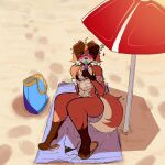 1:1 2026 anthro bag beach beach_towel beach_umbrella bikini bikini_bottom bikini_bottom_removed bikini_thong bikini_top black_bikini black_clothing black_nose black_swimwear bodily_fluids candid canid canine canis clothed clothing crossdressing crossdressing_male domestic_dog eyewear femboy floppy_ears fluffy fluffy_hair food footprint footwear fur glasses hair heart_glasses looking_at_viewer male mammal on_ground orange_body orange_fur parasol partially_clothed paws pink_eyewear pink_glasses popsicle popsicle_in_mouth question_mark sand sandals shadow shirt shoes solo summer sweat sweatdrop swimwear tail thick_thighs thong topwear towel translucent translucent_clothing translucent_shirt translucent_topwear two-piece_swimsuit underwear wet wet_clothing wet_shirt wet_topwear winterfrost winterfrost_(winterfrost)