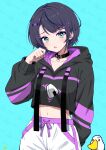 1girl :o absurdres arm_behind_back baggy_clothes baggy_pants belt_collar black_collar black_hoodie blue_background blue_eyes blue_hair blush breasts clenched_hand collar collarbone commentary cosplay cowboy_shot cropped_hoodie drawstring hair_ornament hairclip hand_up highres hololive hood hood_down hoodie long_sleeves looking_at_viewer midriff navel nekomata_okayu nekomata_okayu_(1st_costume) nekomata_okayu_(cosplay) oozora_subaru open_mouth pants short_hair signature simple_background small_breasts solo sparkroom subaru_duck virtual_youtuber 