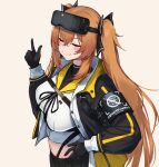  1girl 3_small_spiders black_bow black_gloves black_jacket black_ribbon black_skirt blush bow breasts brown_hair closed_eyes closed_mouth commentary_request eyewear_on_head feet_out_of_frame girls'_frontline girls'_frontline_2:_exilium gloves hair_bow hand_on_own_hip hand_up jacket large_breasts lenna_(girls'_frontline_2) long_hair long_sleeves navel neck_ribbon night_vision_device open_clothes open_jacket ribbon shirt sidelocks simple_background skirt smile solo standing twintails ump9_(girls'_frontline) v white_background white_shirt 
