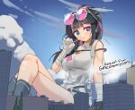  1girl black_hair blue_eyes blue_sky breasts city commentary_request commission dzerofive eyewear_on_head giant giantess girls'_frontline girls'_frontline_neural_cloud gloves heterochromia highres kneehighs large_breasts long_hair multicolored_hair pink_hair purple_eyes sitting sky socks streaked_hair two-tone_hair utensil_in_mouth vee_(neural_cloud) white_gloves 