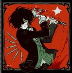  1boy axe black_hair black_jacket blood blood_on_clothes blood_on_face blood_on_weapon blood_splatter border collared_shirt crazy_eyes degrees_of_lewdity dot_nose green_eyes green_vest hair_over_one_eye hands_up holding holding_axe jacket knife koinurin kylar_(degrees_of_lewdity) kylar_(male)_(degrees_of_lewdity) light_frown long_sleeves looking_down male_focus mole mole_under_eye motion_lines ornate_border outside_border red_background red_pupils shirt simple_background solo vest weapon 