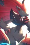 2026 2:3 3_fingers ambiguous_anthro ambiguous_gender anthro big_hair biped black_body black_fur black_hair blue_eyes canid canine claw_fingers claws fingers fur generation_5_pokemon grey_body grey_ears grey_fur hair hand_on_hip hi_res light lighting long_hair looking_down mammal mouth_closed multicolored_body multicolored_fur multicolored_hair nintendo pointy_ears pokemon pokemon_(species) prick_ears pupils red_body red_claws red_fur red_hair red_inner_ear rumine shaded slit_pupils solo standing two_tone_hair wide_hips zoroark
