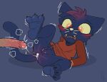 after_anal after_sex anthro anus blue_body blue_fur bodily_fluids bottomless bottomless_female clothed clothing cum cum_in_ass cum_inside cum_string disembodied_penis domestic_cat duo erection feet felid feline felis female female_focus fur genital_fluids genitals humanoid_genitalia humanoid_penis long_penis long_sleeves mae_borowski male male/female mammal night_in_the_woods notched_ear paws penis pull_out shirt shirt_only soles solo_focus topwear topwear_only vulva whiskers yaldabroth