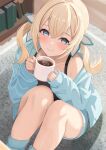  1girl absurdres aqua_eyes blonde_hair blush book bookshelf closed_mouth commentary_request cup from_above hair_between_eyes highres holding holding_cup hololive kazama_iroha long_sleeves looking_at_viewer mug on_floor open_clothes pon47606461 rug single_bare_shoulder sitting solo steam twintails virtual_youtuber 