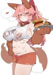  1girl absurdres animal_ears animal_hands armpit_crease bare_shoulders bell belly blush bow breasts brown_gloves brown_tail burger cat_paws cheese collar commentary_request covered_nipples fang fate/grand_order fate_(series) female_pubic_hair flying_sweatdrops food fox_ears fox_girl fox_tail french_fries gloves hair_between_eyes hair_bow heart highres holding holding_tray jingle_bell large_breasts lettuce long_hair looking_at_viewer navel neck_bell orange_shorts paw_gloves pink_hair print_shirt pubic_hair pubic_hair_peek red_bow red_collar rottenweiler shirt shorts simple_background skin_fang smile solo spoken_heart stained_clothes stomach sweat tail tamamo_cat_(fate) thighs tomato tomato_slice tray underboob white_background white_shirt yellow_eyes 