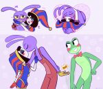 amphibian anthro bluch bluenightkitty blush bodily_fluids clothed clothing enbrace featureless_chest female fool's_hat frog gesture glitch_productions gloves green_body group handwear hat headgear headwear hi_res high_five hug human jax_(tadc) jester kissing lagomorph leporid looking_at_viewer male mammal overalls pomni_(tadc) purple_body rabbit ribbit_(tadc) smile sweat tail the_amazing_digital_circus trio