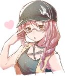  1girl \m/ baseball_cap black_hat braid braid_over_shoulder breasts commentary_request criss-cross_halter halterneck hat heart kugayama_rion looking_at_viewer medium_breasts mishiro_(andante) open_mouth pink_hair red-framed_eyewear shirt sidelocks single_braid sleeveless sleeveless_shirt solo tokyo_xanadu upper_body vest white_background yellow_eyes yellow_vest 