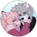 1:1 akaro_(lukiro) alpha_channel anthro canid canine canis clothing duo facial_piercing female fox fur grey_body grey_fur grey_hair hair half-closed_eyes hi_res highlights_(coloring) hoodie hybrid lip_piercing long_hair lukiro male male_(lore) mammal narrowed_eyes piercing pink_body pink_fur pink_hair procyonid purple_highlights raccoon smile smirk smug smug_face smug_grin snakebite_piercing stud_piercing topwear wolf