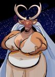 2026 2_horns anthro antlers arms_bent bare_shoulders belly between_breasts big_belly big_breasts big_ears black_nose breasts brown_body brown_ears brown_fur clothed clothed_anthro clothed_female clothing cosmic_background curved_antlers curved_horn deer digital_drawing_(artwork) digital_media_(artwork) dress earth eyelashes female fingers fur half-closed_eyes hands_on_own_breasts head_markings heart_(marking) heart_pupils heart_symbol hi_res holding_breast horn huge_belly huge_breasts humanoid_hands iris letsgetbig light_body light_fur light_markings long_eyelashes looking_down lust_(torionepilots) mammal markings multicolored_body multicolored_clothing multicolored_dress multicolored_fur narrowed_eyes overweight overweight_anthro overweight_female planet planet_between_breasts purple_eyes purple_heart seven_deadly_sins snout solo standing star starry_background thick_neck three-quarter_view two_tone_body two_tone_clothing two_tone_dress two_tone_fur white_antlers white_body white_fur white_horn white_inner_ear white_markings white_sclera